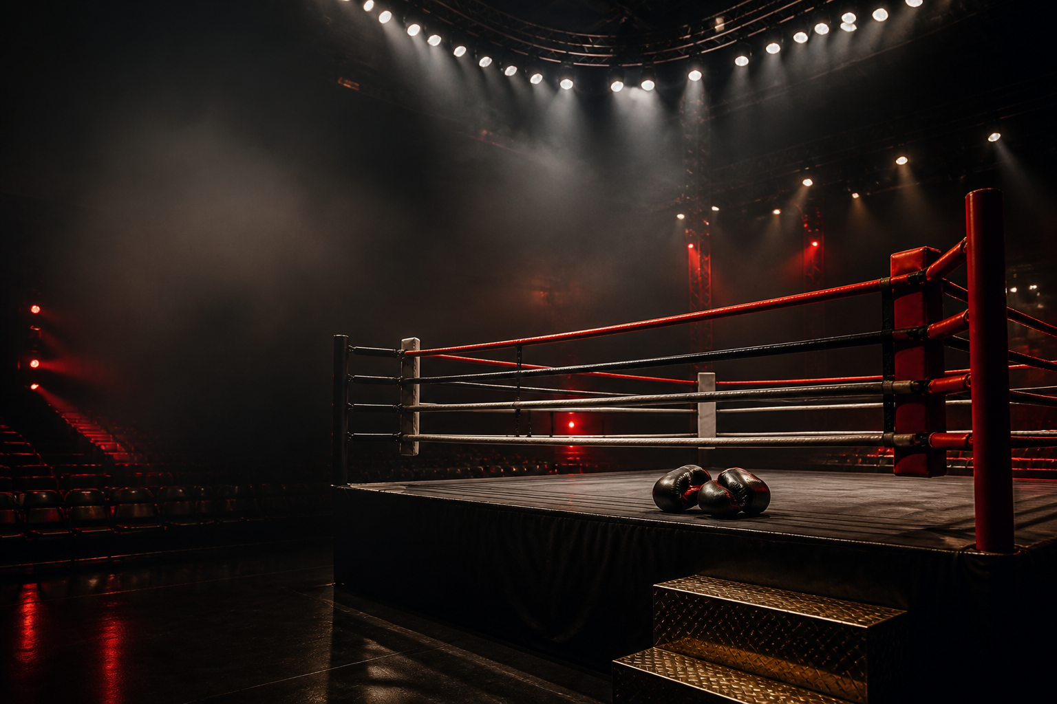 Ring de boxeo iluminado en una arena profesional
